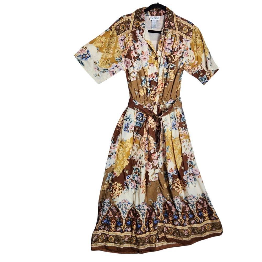 Vintage Together! Floral Cotton Midi Shirt Dress Brown Multi Belted Size 8